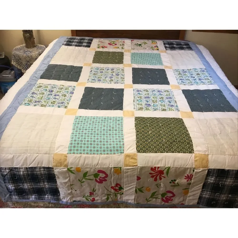 Handmade Patchwork Feed-sack Quilt 92x66 White blue multi‎ colors sewed & tacked